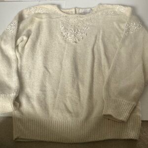 Vintage Dividends Ivory Beaded Silk, Nylon, Angora, and Lambswool Sweater